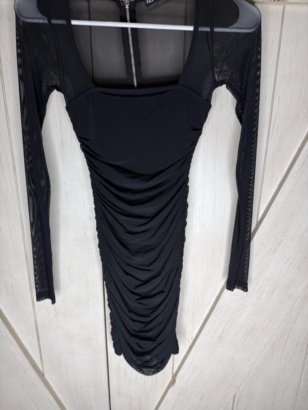 Fashion Nova Black Ruched Sheer Sleeve Mini Dress